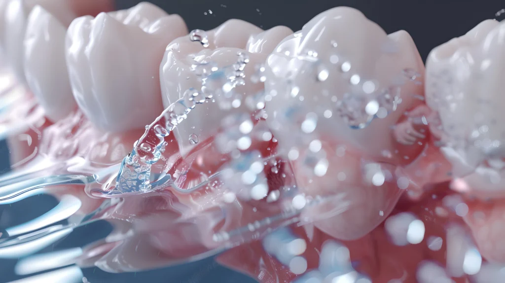 Teeth being cleaned by airflow